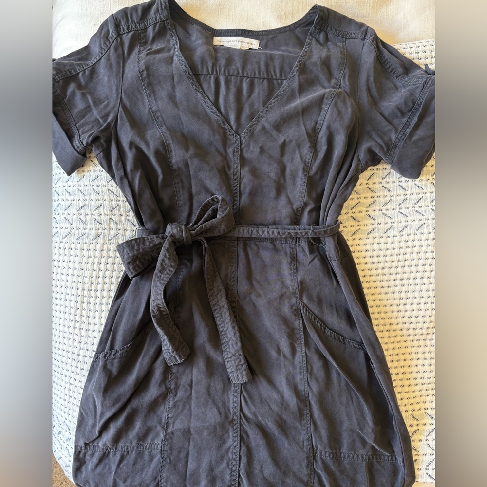 Anthropologie Charcoal Gray V-Neck Dress with Belt